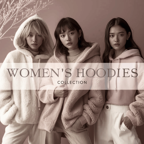 Three women wearing soft, cozy fleece and hoodie outfits in neutral pastel tones, posing together in a modern winter fashion photoshoot with the text ‘Women’s Hoodies Collection’ across the center.