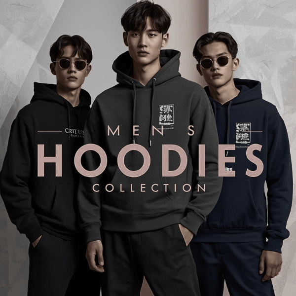 Men's Hoodies Collection featuring three models wearing dark, stylish graphic print pullover hoodies in black, charcoal gray, and navy blue, suitable for casual streetwear.