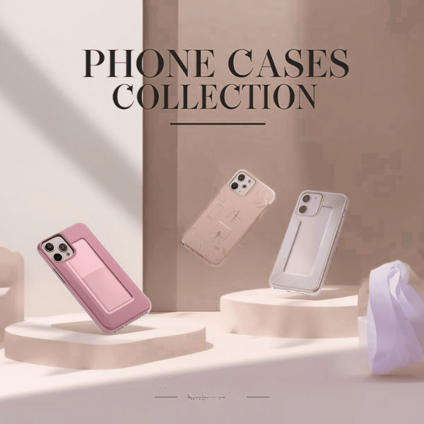 Minimal aesthetic phone cases collection displayed on soft beige podiums, featuring pink, nude, and clear protective phone cases floating in a modern studio setting.
