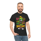 Man wearing a black t-shirt with colorful graphic design on a white background