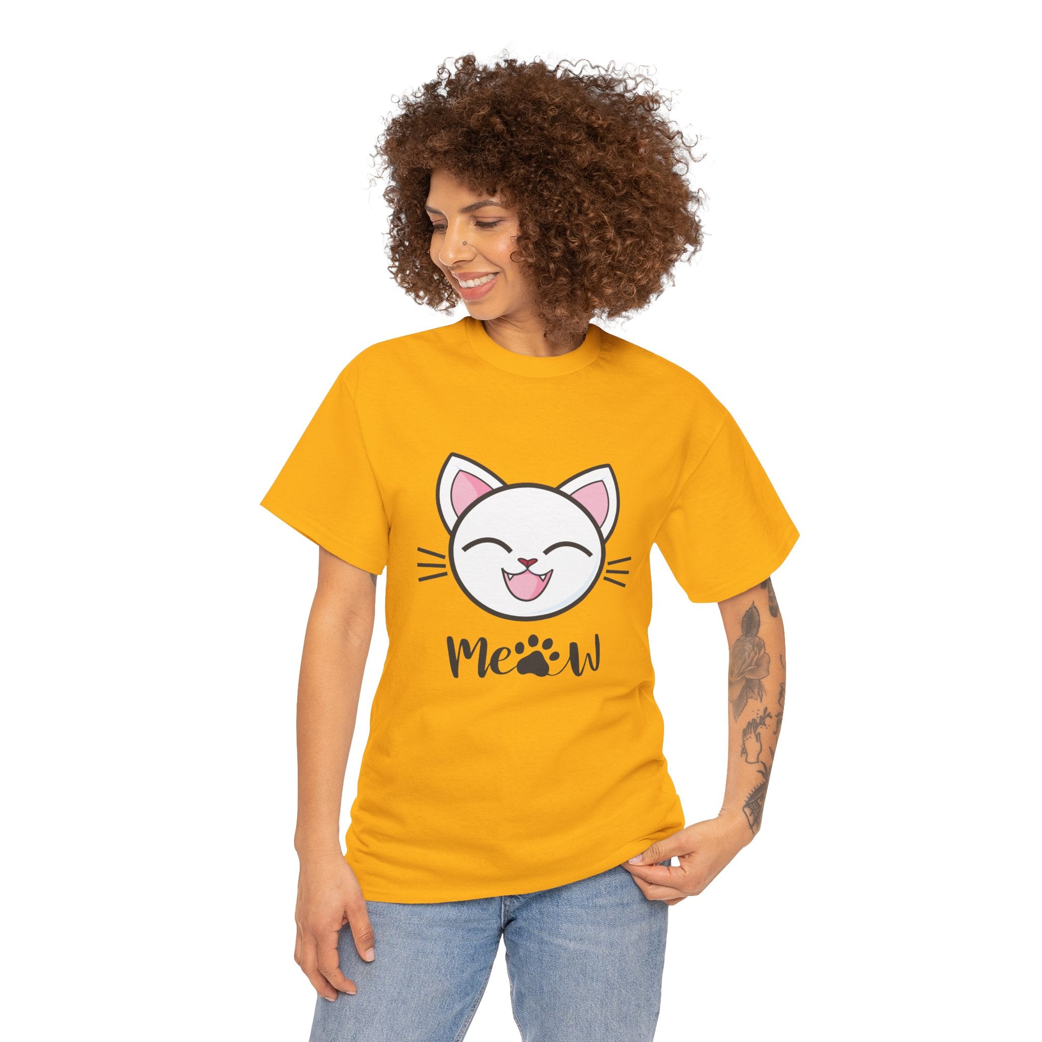 Cute Cat Meow Graphic Unisex Heavy Cotton Tee, Funny Cat T-Shirt, Perfect Gift for Cat Lovers, Birthday Gift, Pet Enthusiasts