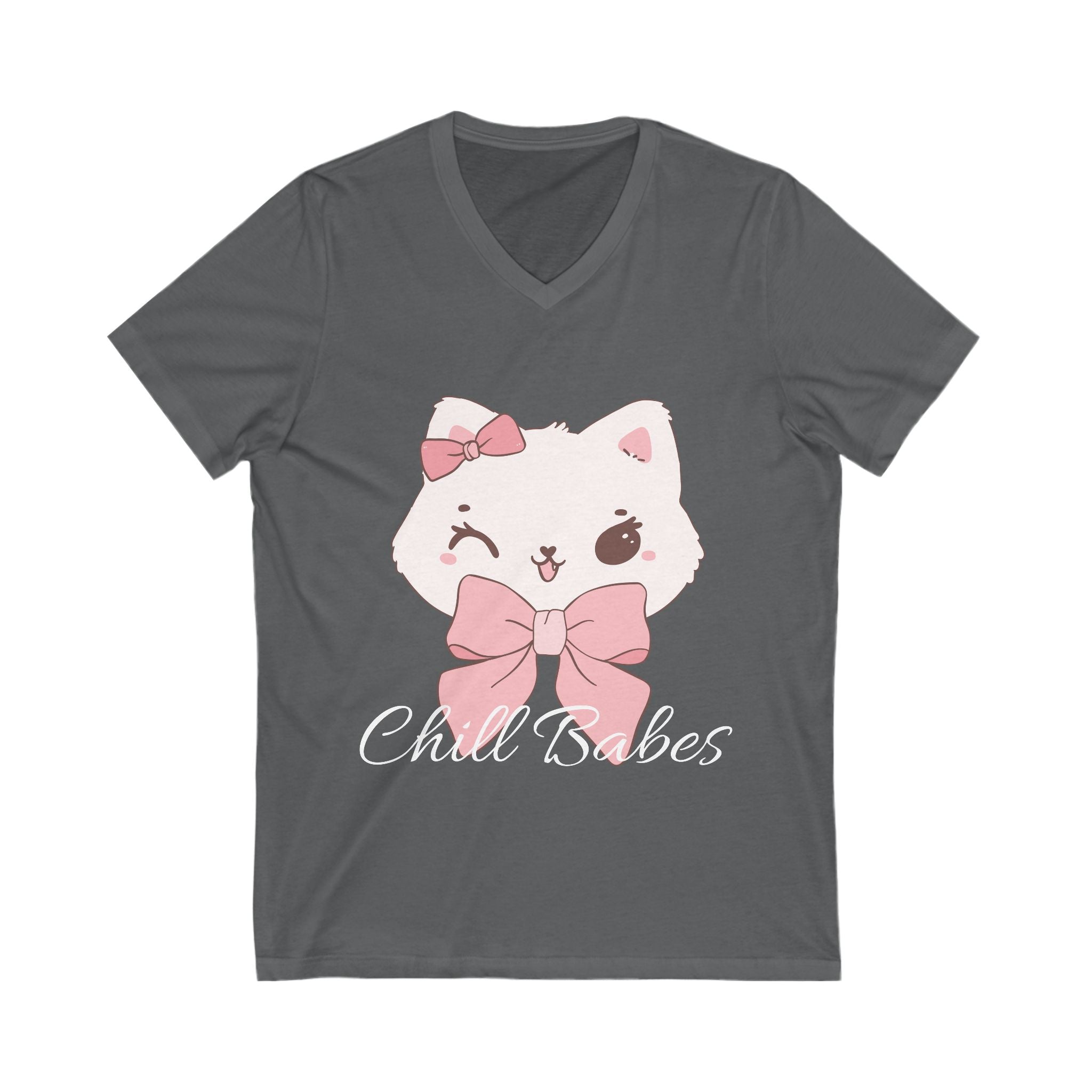 Chill Babes Cat V-Neck Tee, Cute Graphic T-Shirt