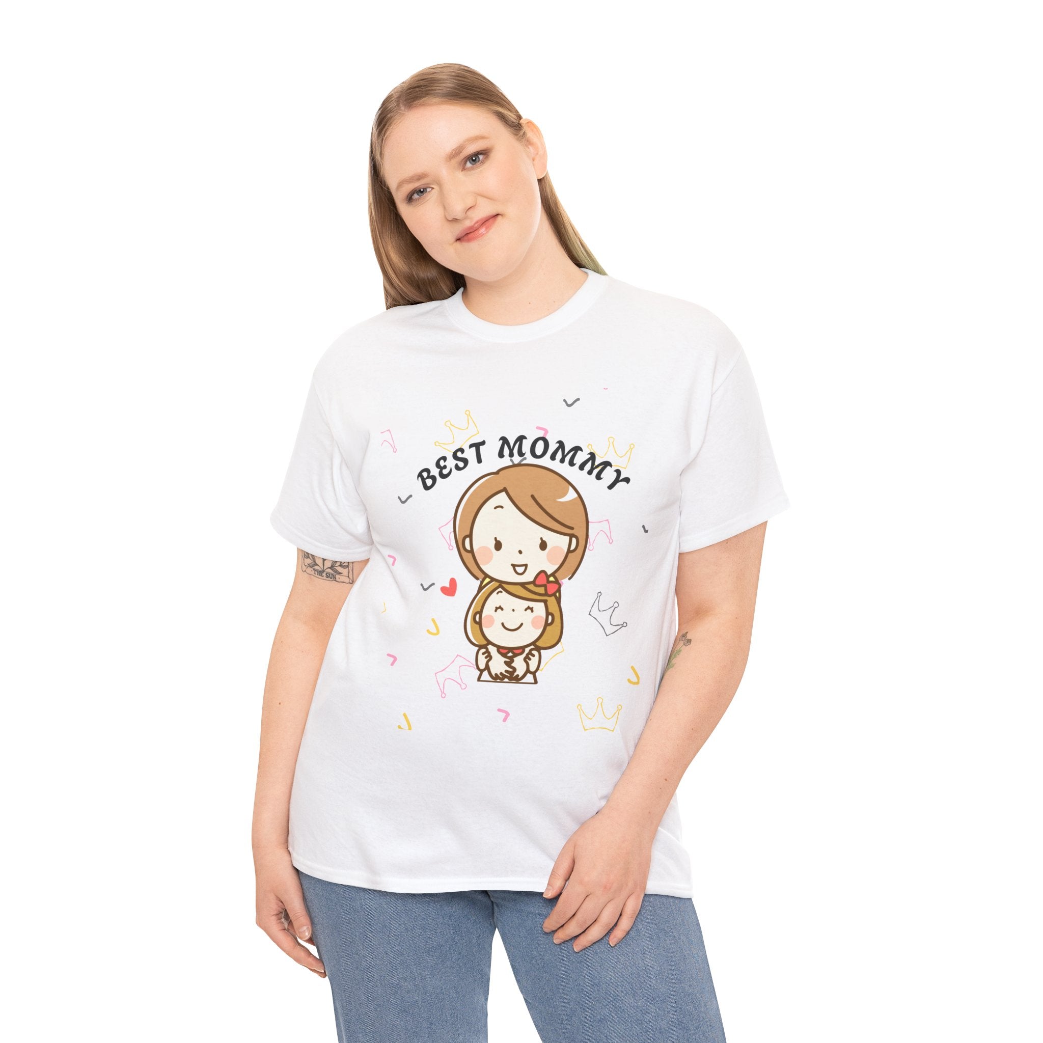 Woman wearing a white t-shirt with 'Best Mommy' text and cartoon design on a white background