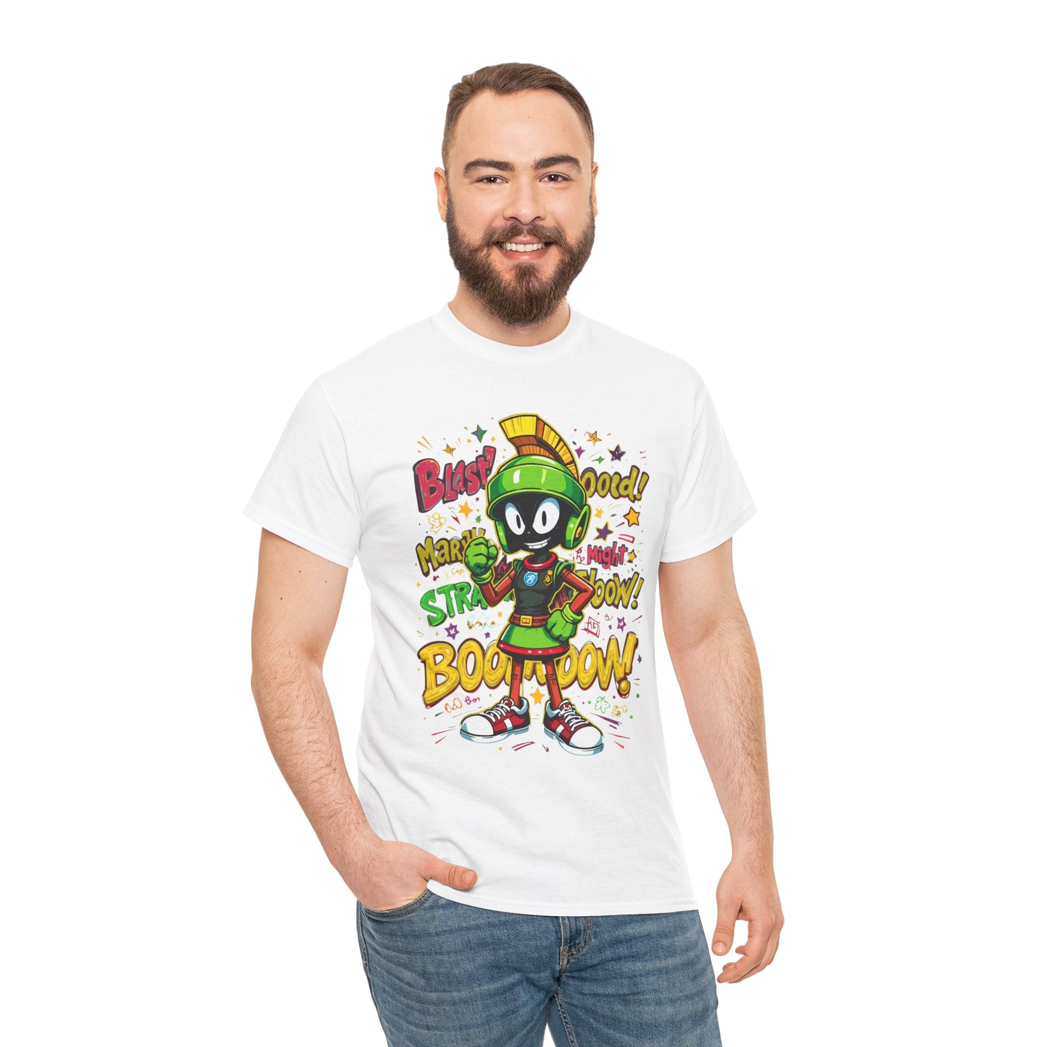 Men's Black Graphic T-Shirt with Colorful Marvin the Martian Cartoon Print