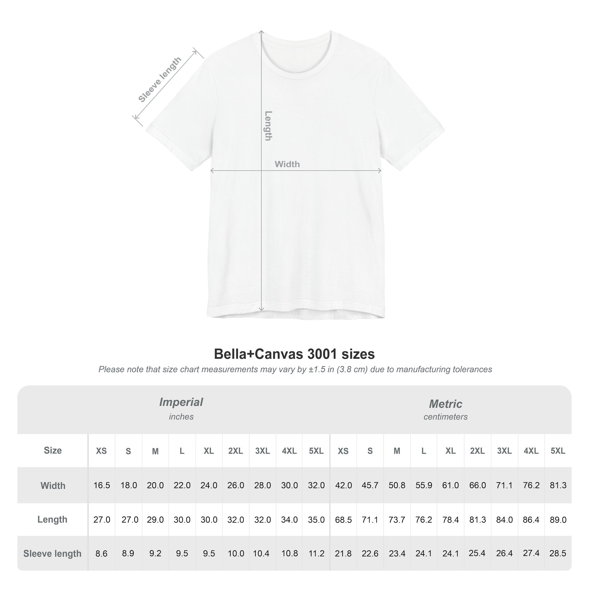 Heather Kelly t-shirt with measurement chart on a white background