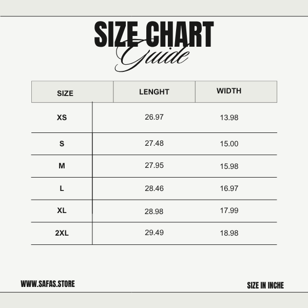 Size chart guide with measurements in inches for various sizes on a white background.