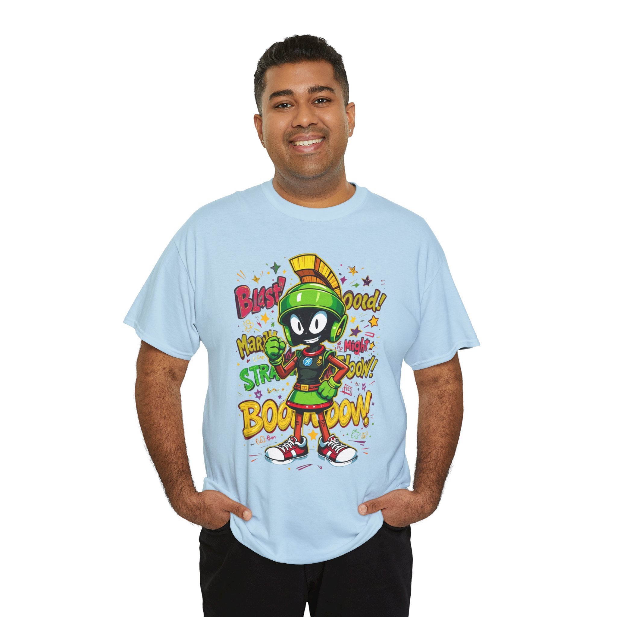 Men's Black Graphic T-Shirt with Colorful Marvin the Martian Cartoon Print