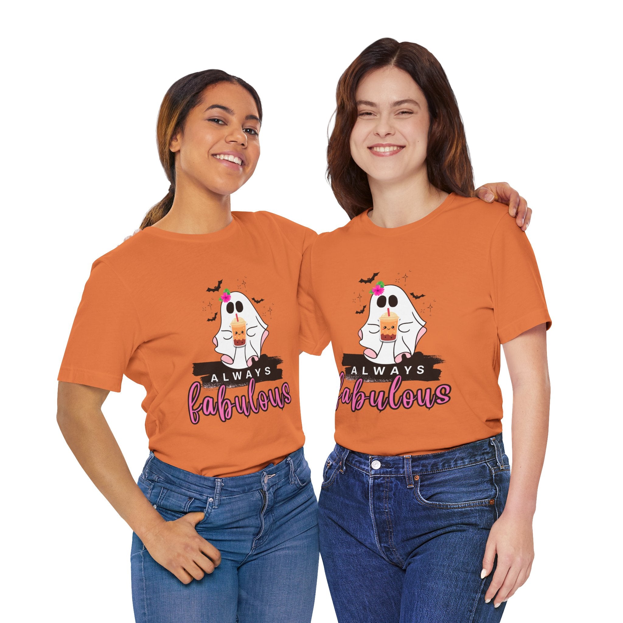 Two people wearing bearnt orange t-shirts with a ghost graphic and text on a white background