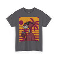 Charcoal t-shirt with a cartoon character holding a drink and sunglasses on a colorful background