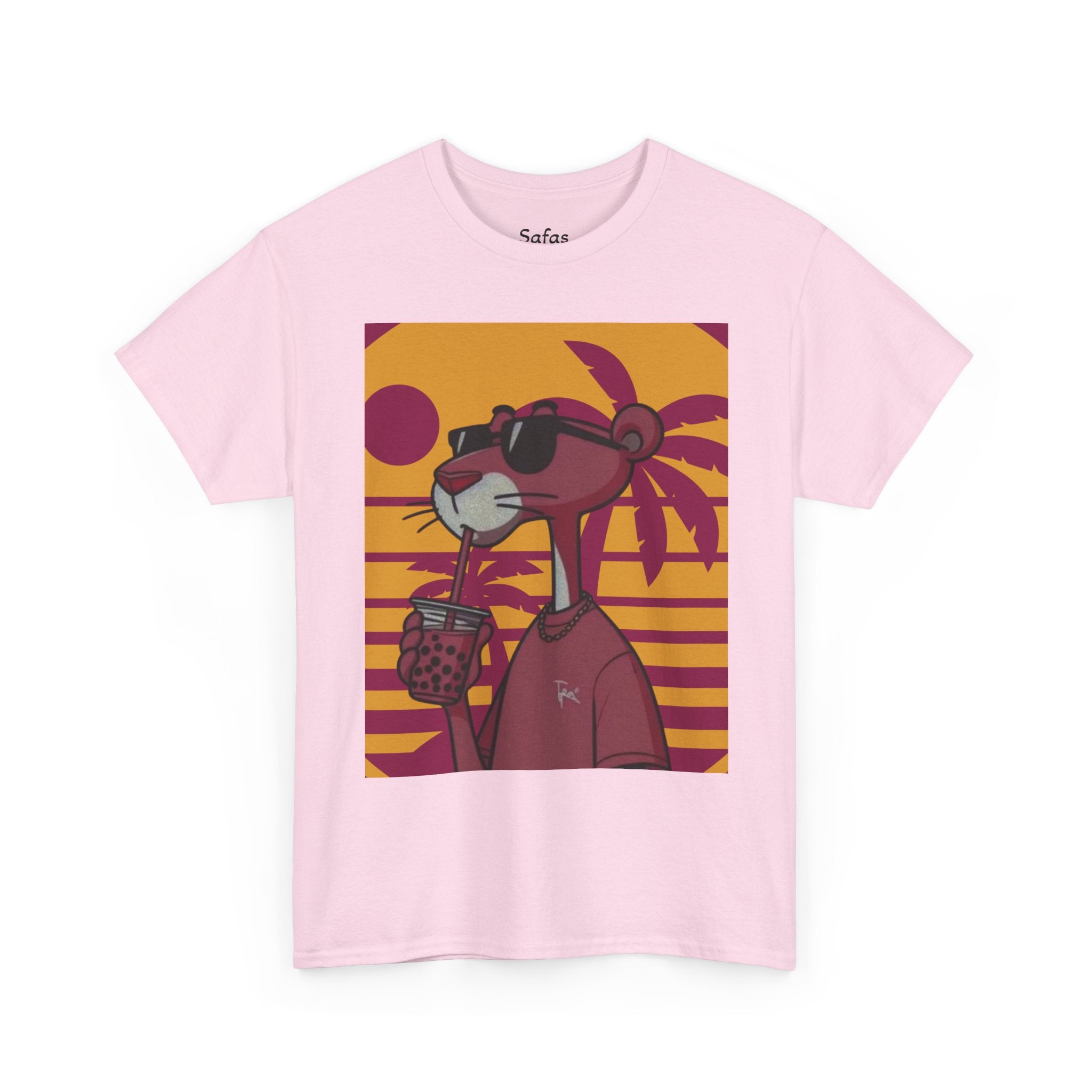 Light Pink t-shirt with a cartoon character design on a white background