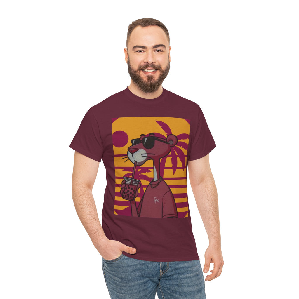 Man wearing a maroon t-shirt with a graphic design of a bear holding a coffee cup and sunglasses.