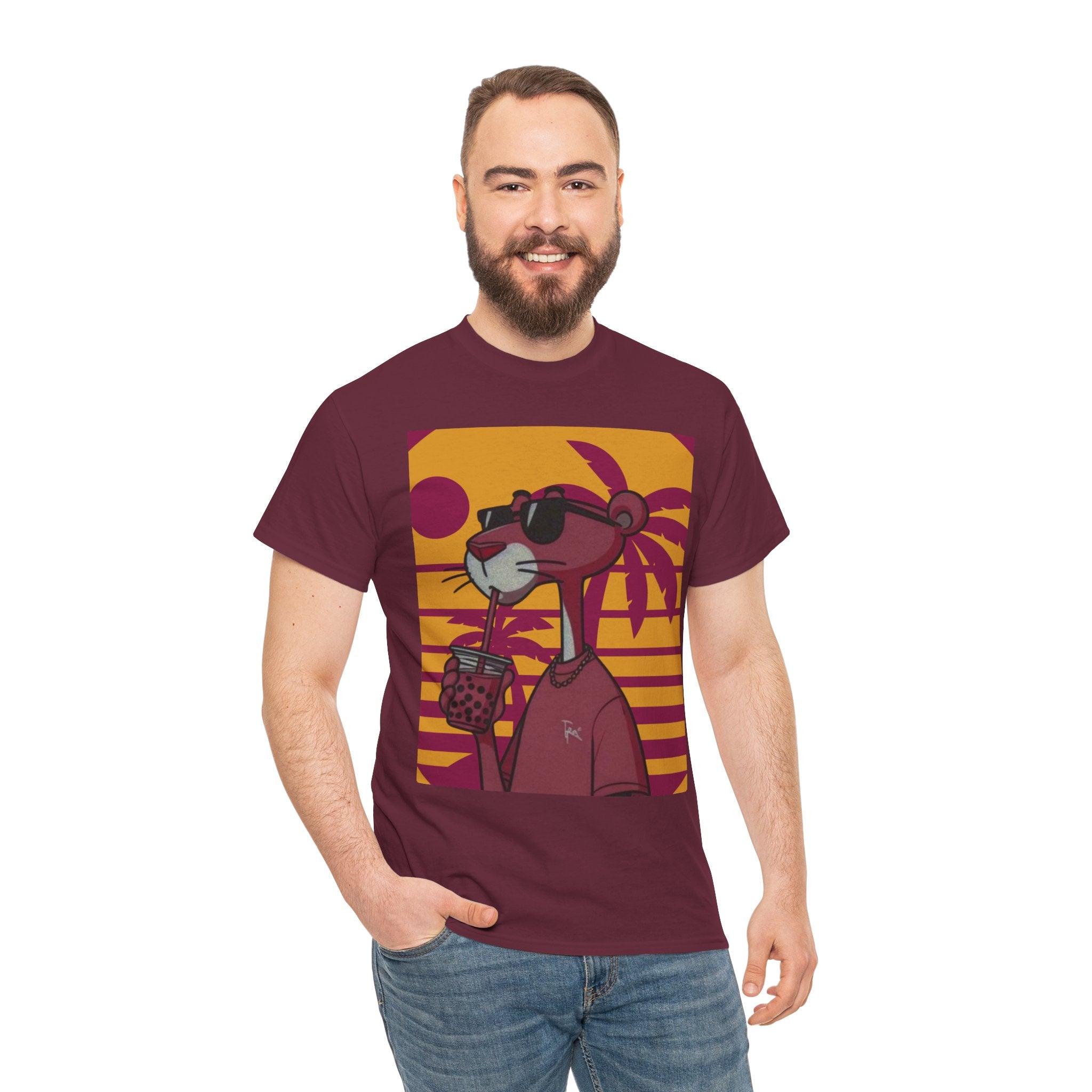 Man wearing a maroon t-shirt with a graphic design of a bear holding a coffee cup and sunglasses.
