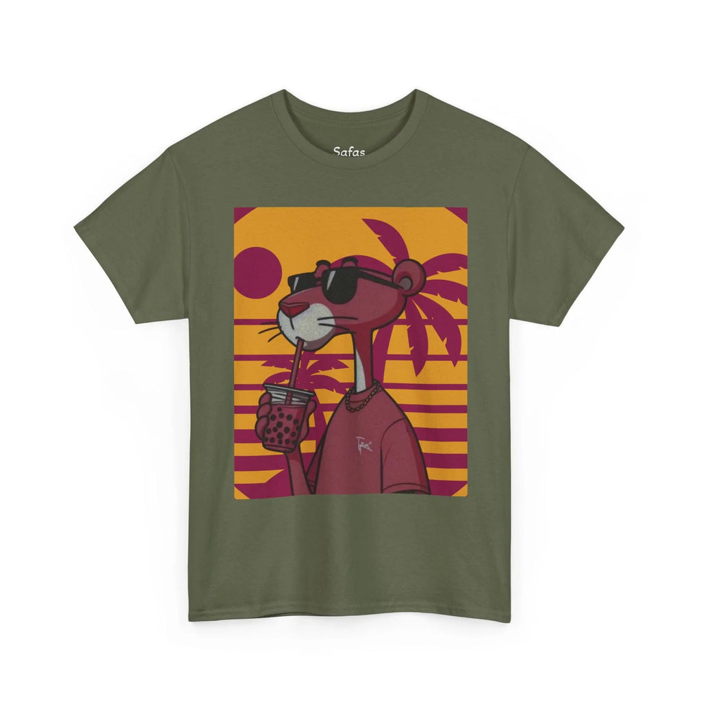 Military Green t-shirt with a cartoon character holding a drink and sunglasses on a colorful background