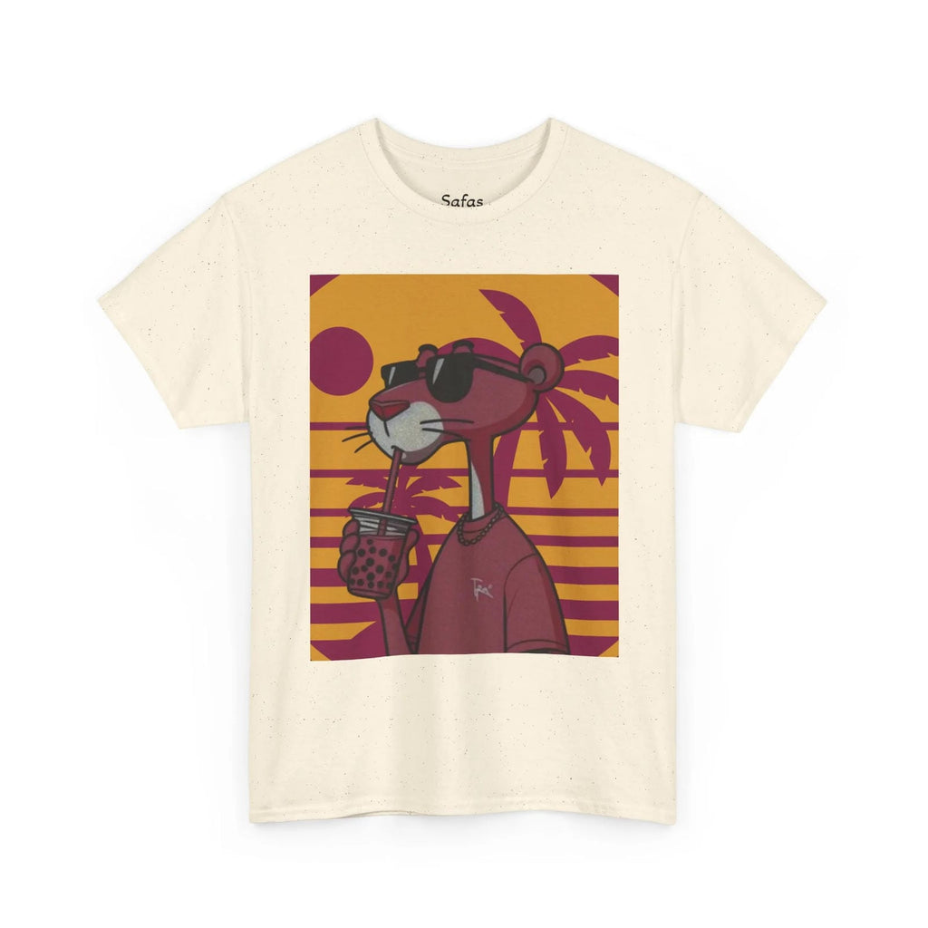 Natural t-shirt with a graphic of a panther wearing sunglasses and a hat on a sunset background, brand 'Sofas' visible.