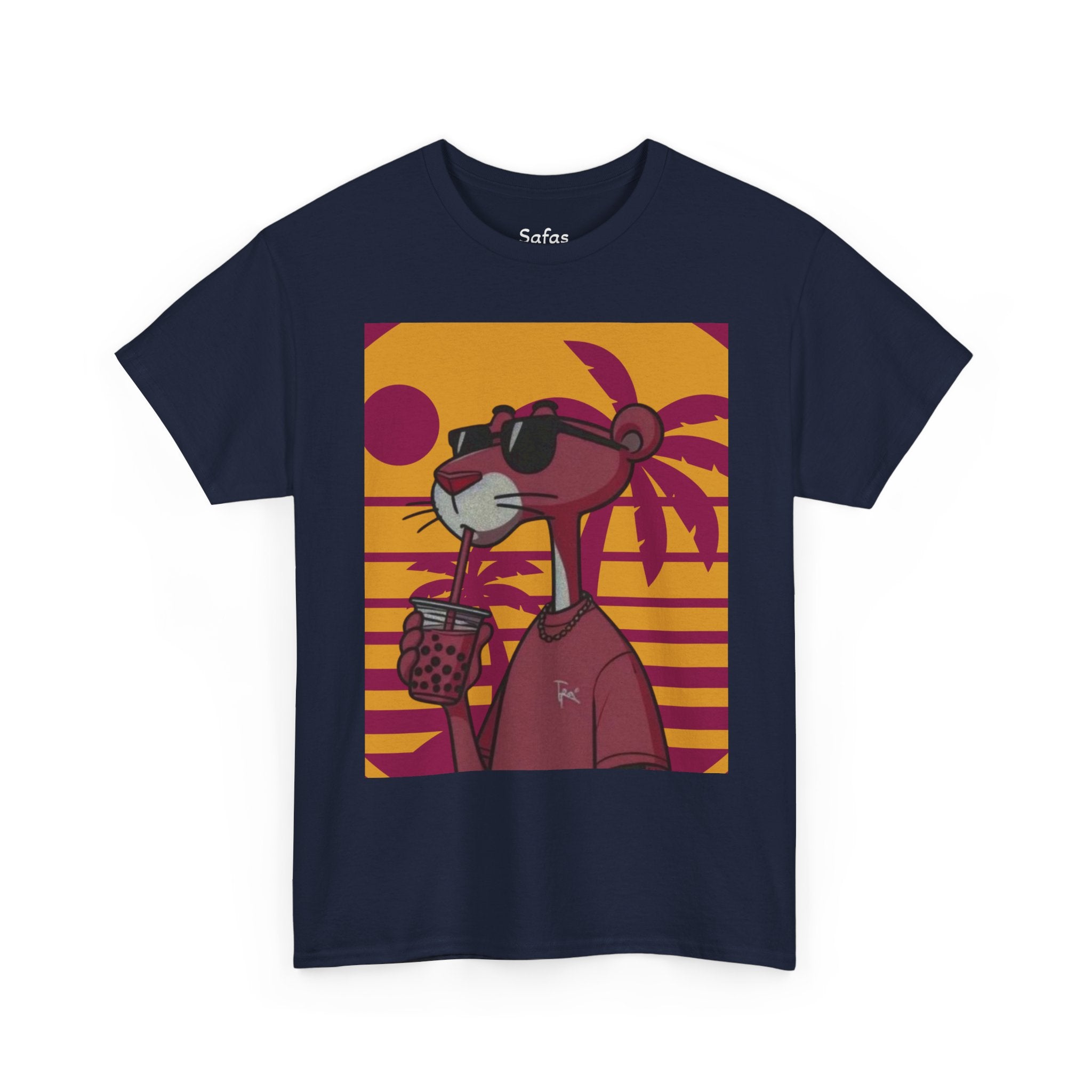 Navy blue t-shirt with a cartoon character holding a drink against a sunset background