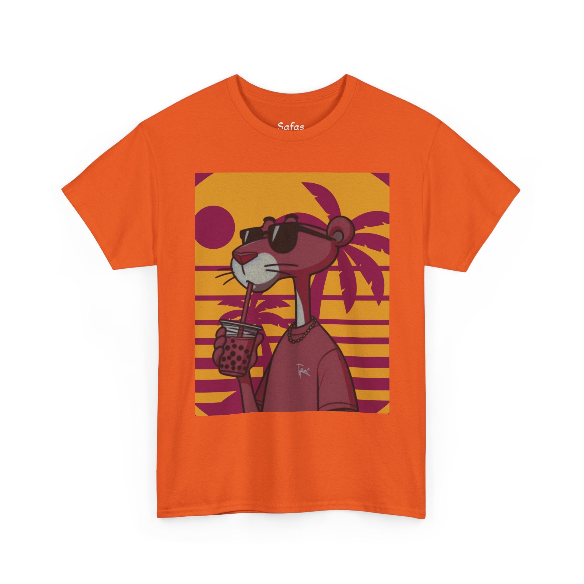 Orange t-shirt with a cartoon panther design on a white background