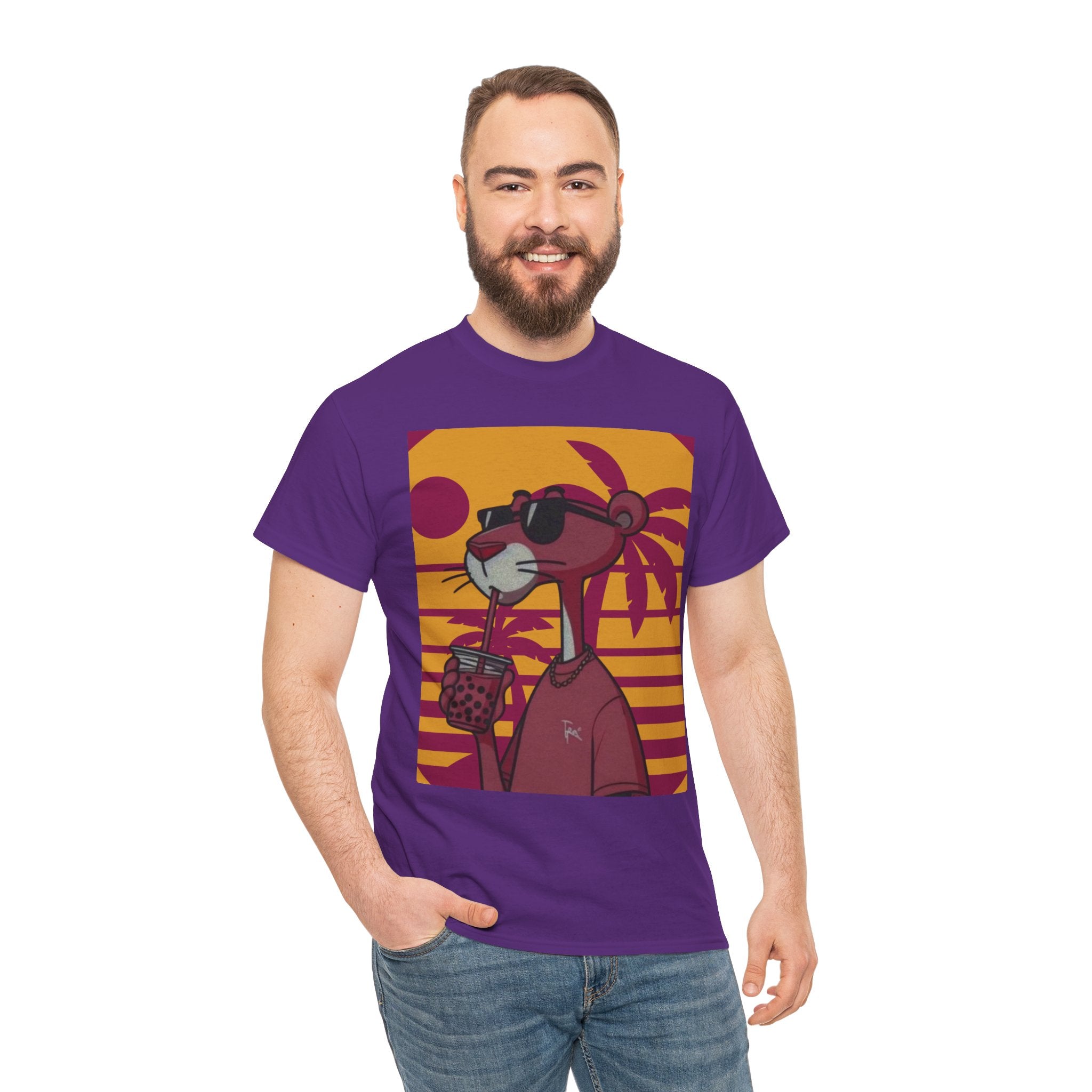 Man wearing a purple t-shirt with a graphic design of a bear holding a coffee cup.