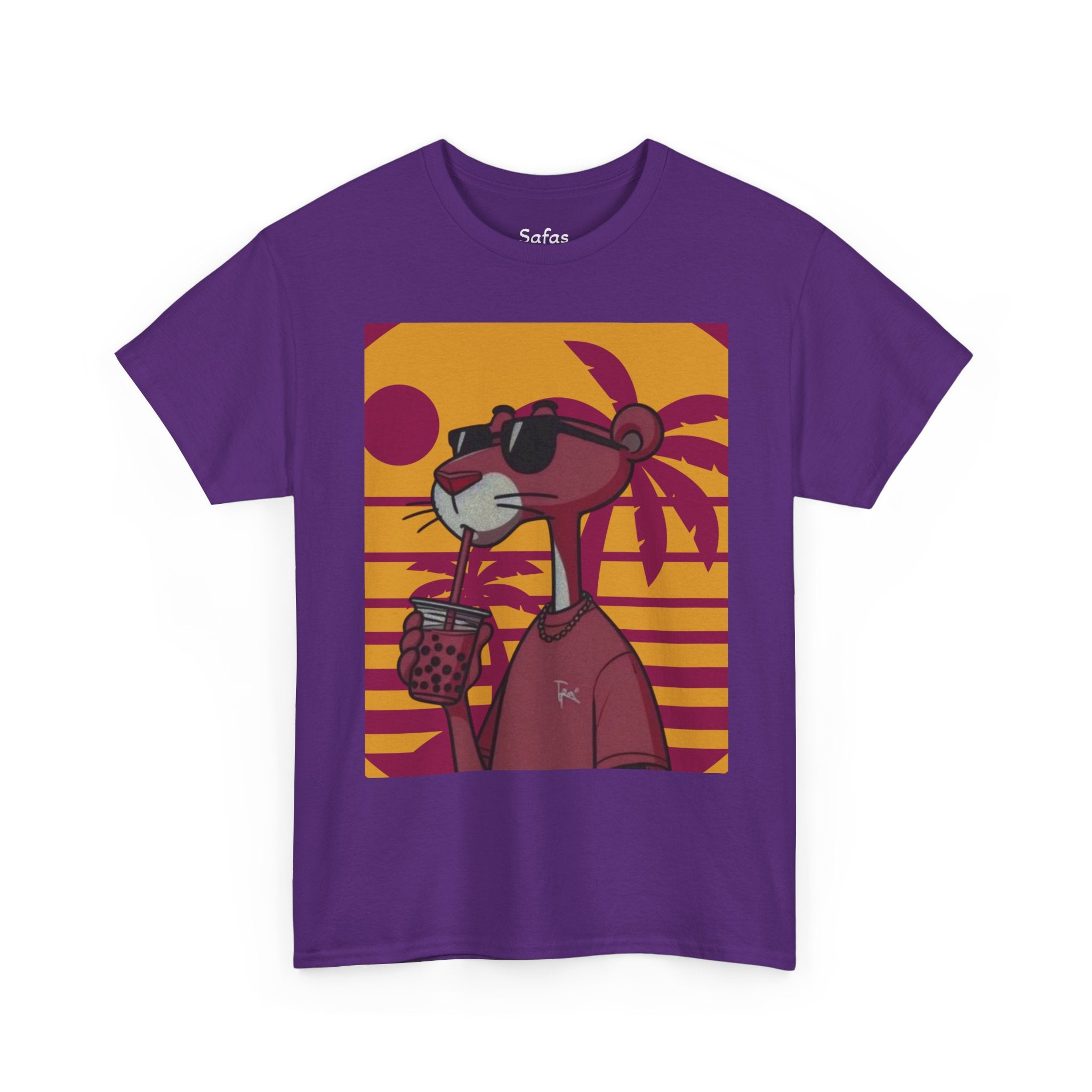Purple t-shirt with a cartoon character holding a drink and sunglasses on a sunset background.