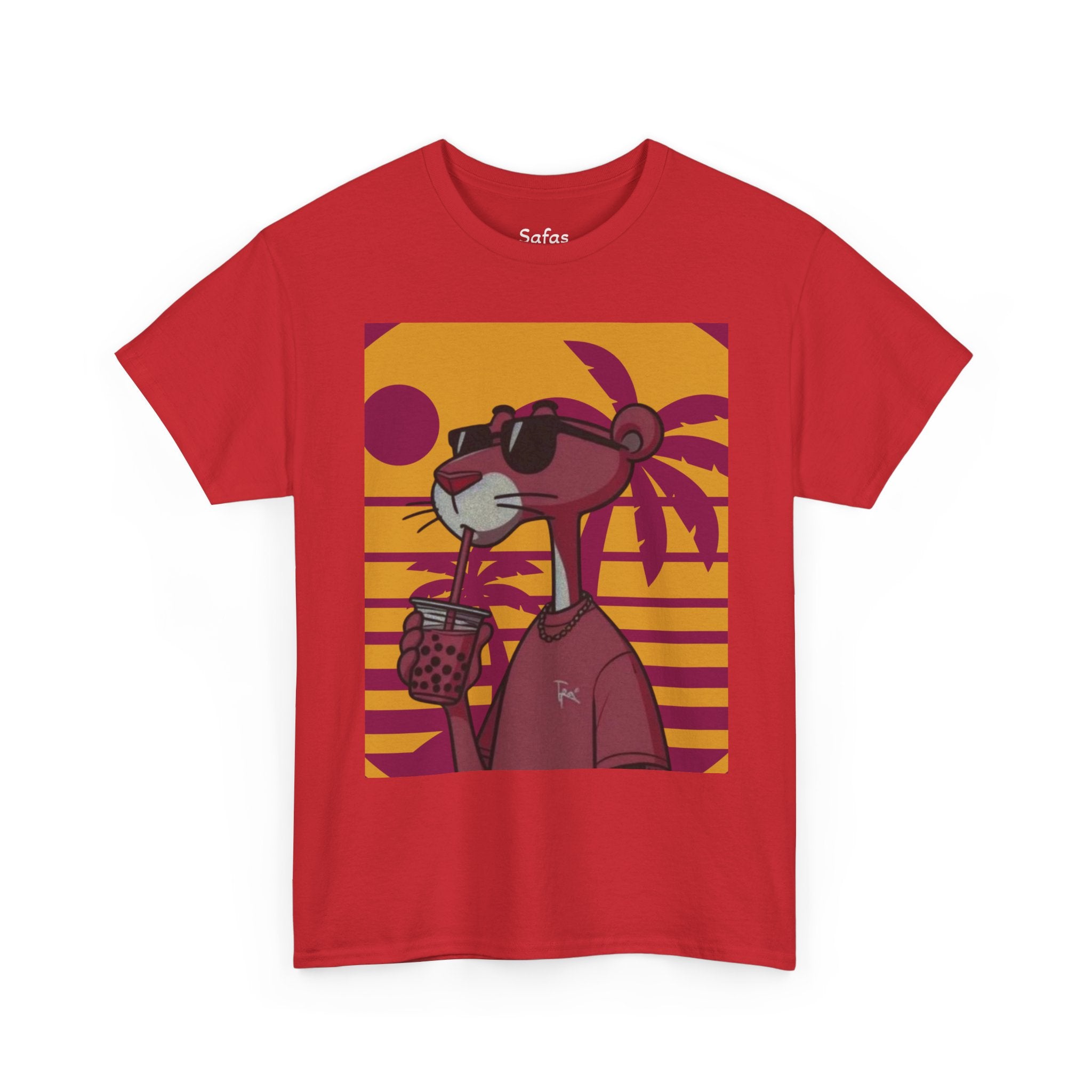 Red t-shirt with a cartoon character holding a drink against a sunset background