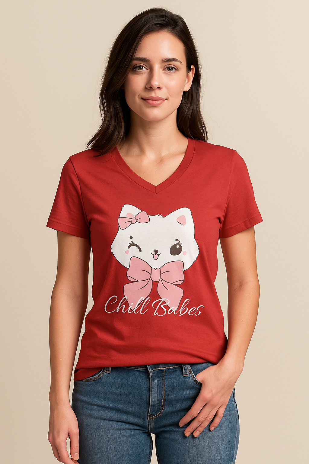 Chill Babes Cat V-Neck Tee, Cute Graphic T-Shirt