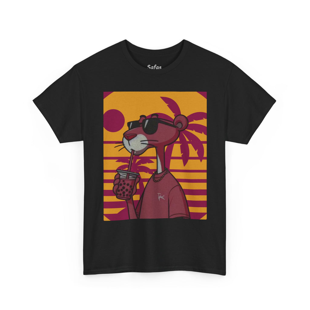 Black t-shirt with a cartoon character holding a drink against a sunset palm tree background