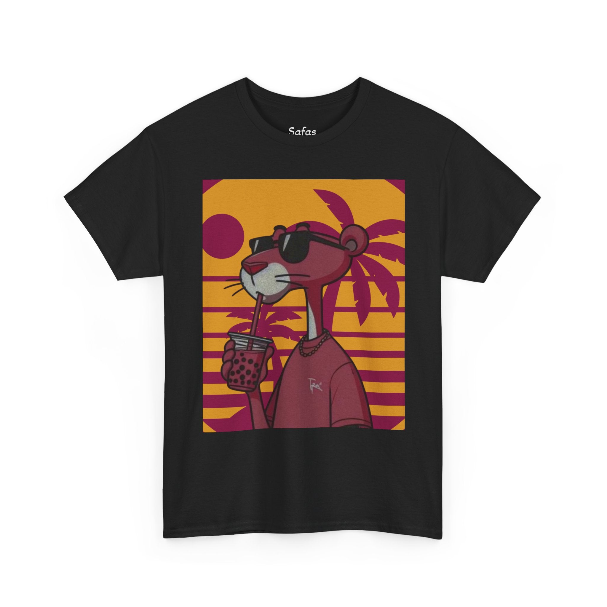 Black t-shirt with a cartoon character holding a drink against a sunset palm tree background
