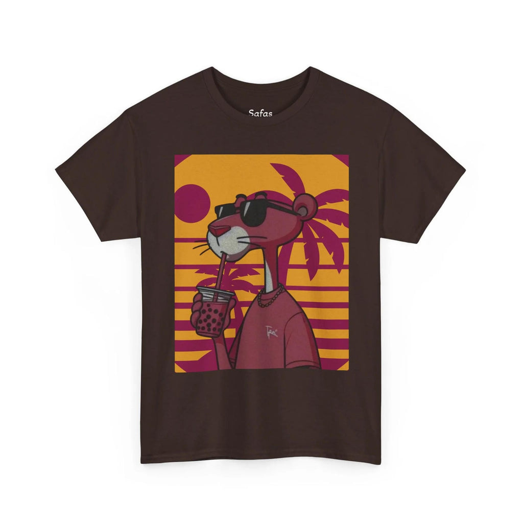 Dark Chocolate t-shirt with a cartoon character holding a drink and sunglasses on a colorful background