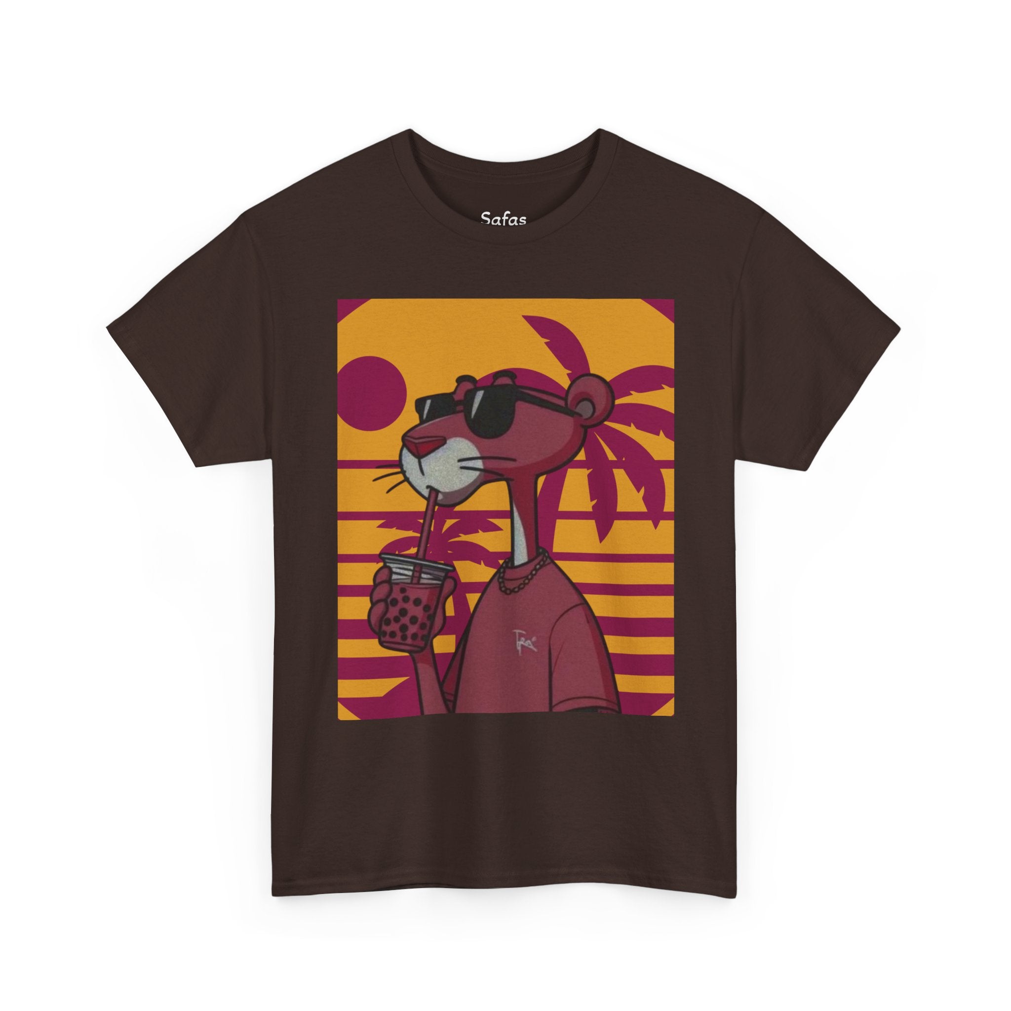 Dark Chocolate t-shirt with a cartoon character holding a drink and sunglasses on a colorful background