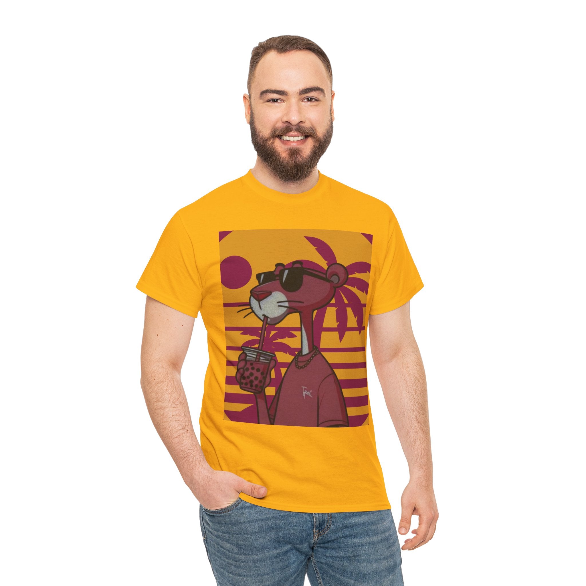 Man wearing a Gold t-shirt with a graphic design of a bear drinking coffee and sunglasses.
