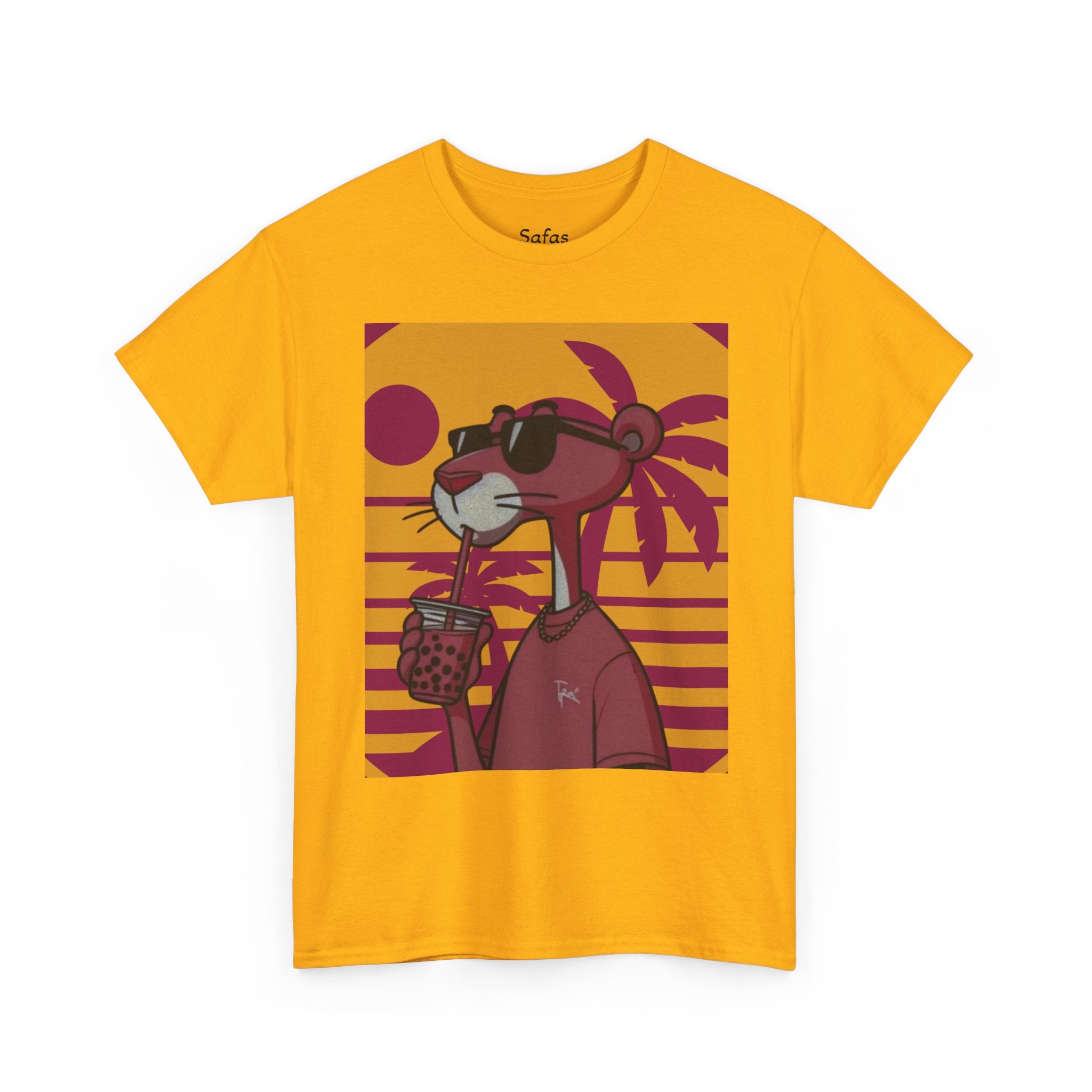 Gold t-shirt with a cartoon character wearing sunglasses and a pink outfit on a white background