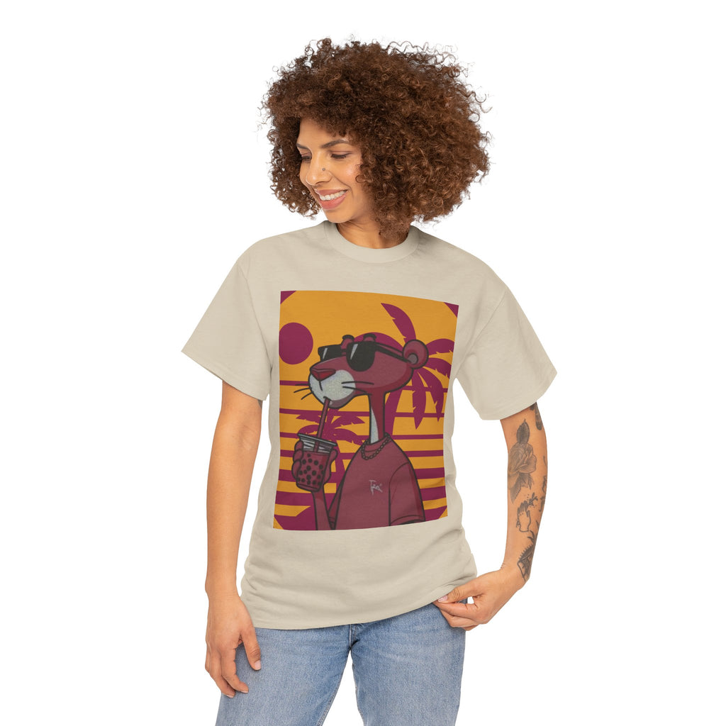 Woman wearing a Sand t-shirt with a graphic design of a person in sunglasses and a leather jacket against a sunset background.