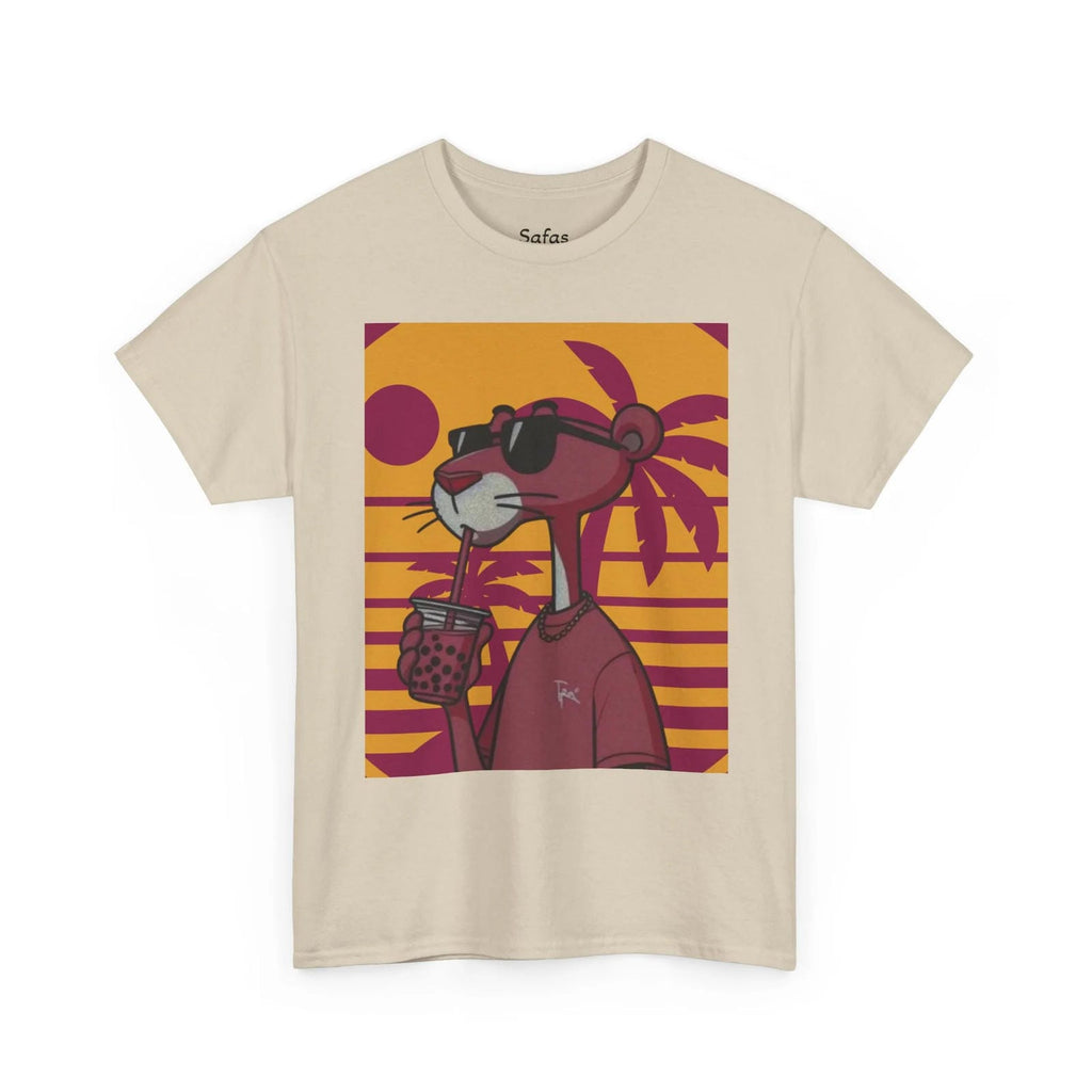 Sand t-shirt with a graphic of a character wearing sunglasses and a hat on a sunset background.
