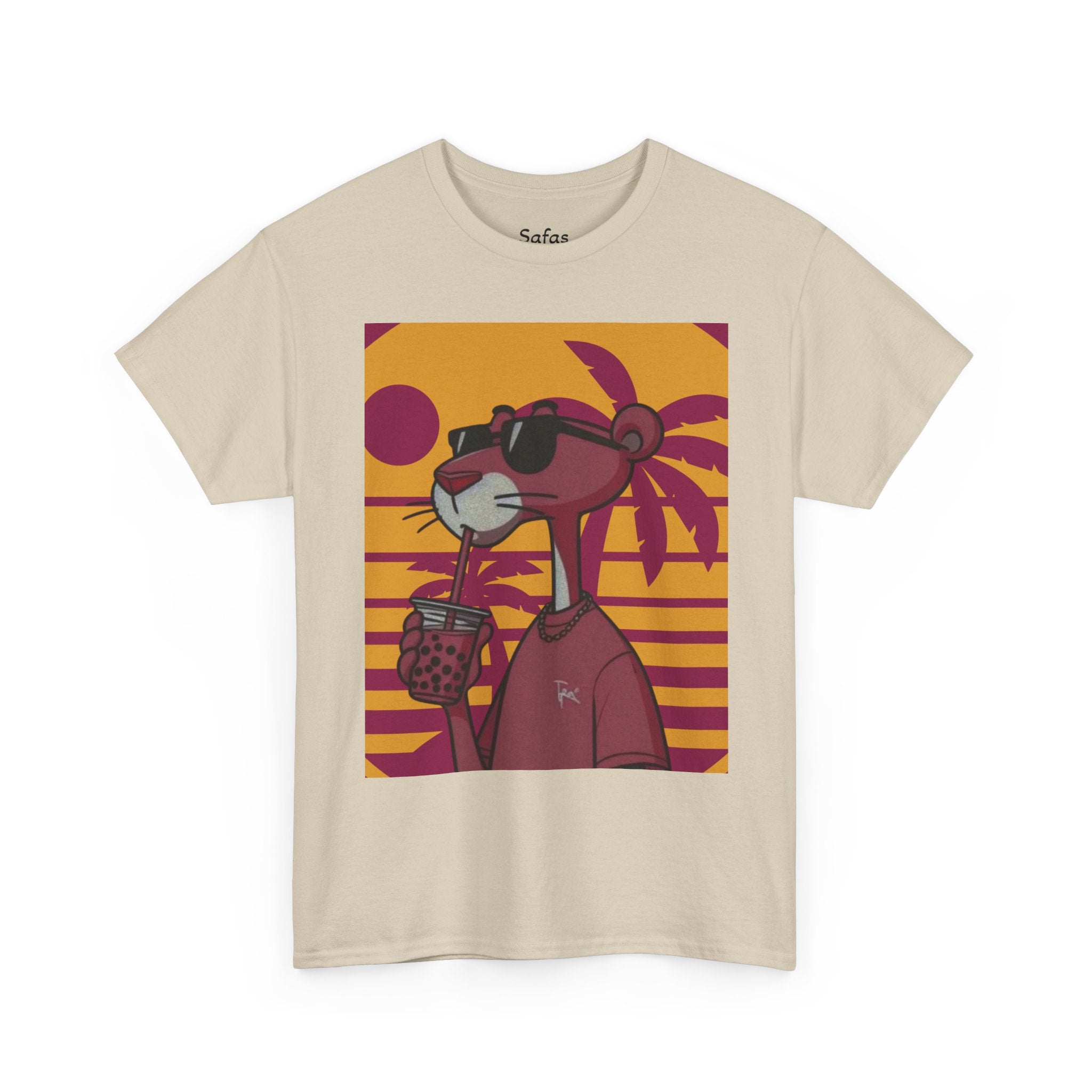Sand t-shirt with a graphic of a character wearing sunglasses and a hat on a sunset background.