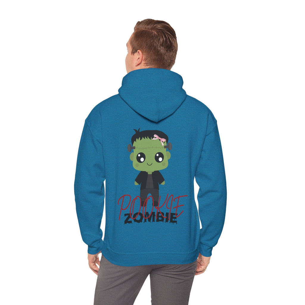 Person wearing a Antique Sapphire hoodie with a cartoon zombie design on the back