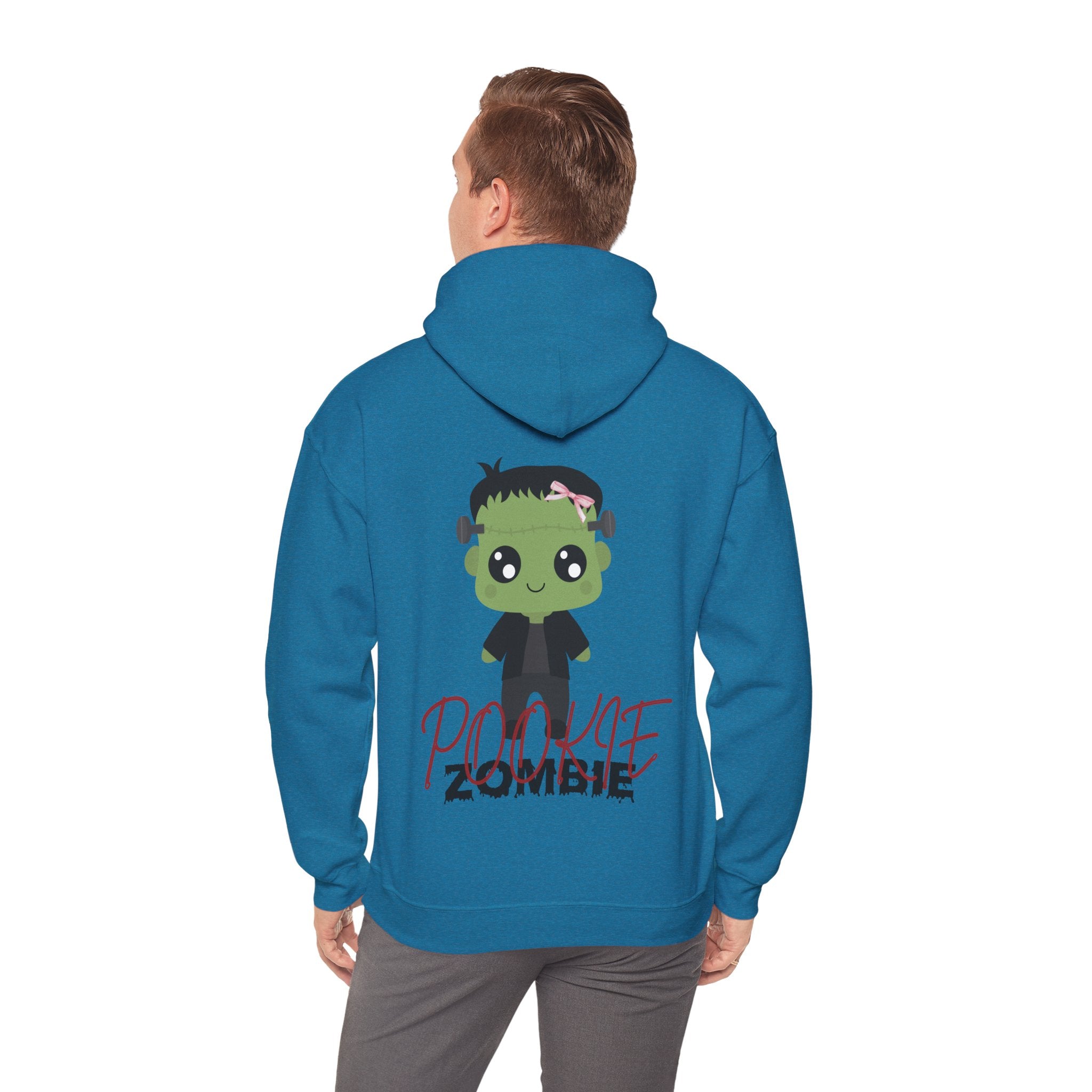Person wearing a Antique Sapphire hoodie with a cartoon zombie design on the back
