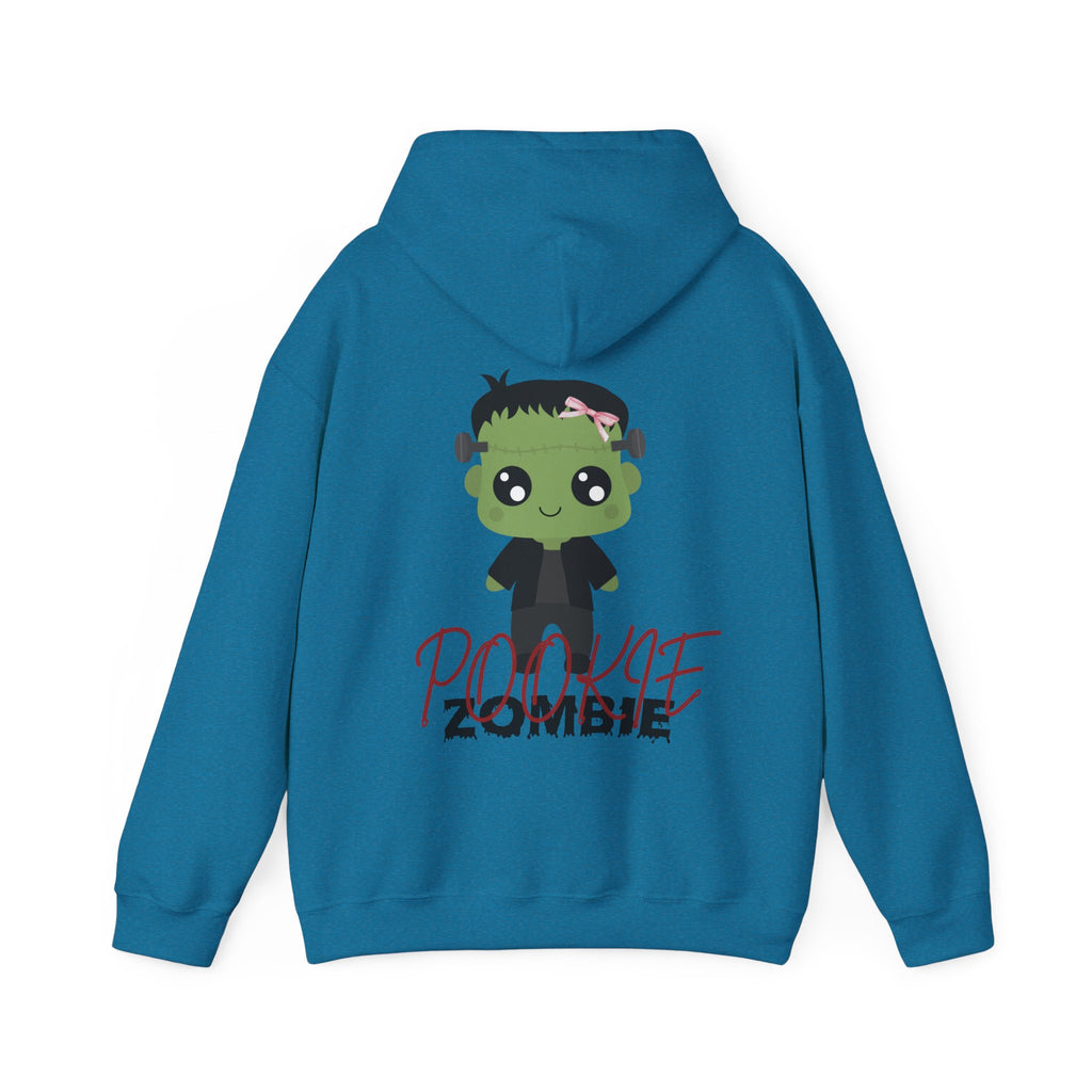Antique Sapphire hoodie with a cartoon zombie design on the back against a white background