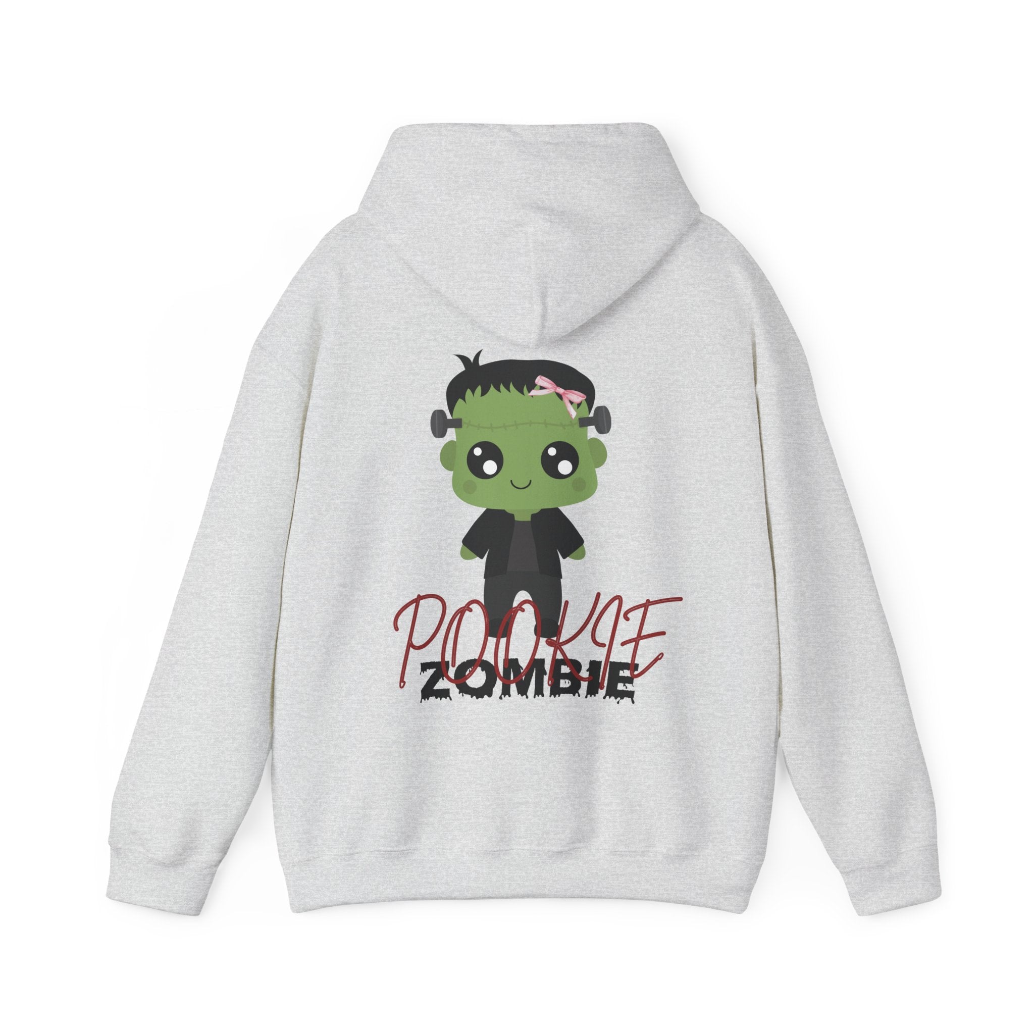 Ash hoodie with a cartoon zombie design on the back
