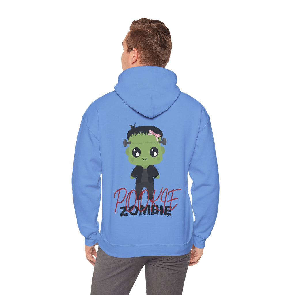 Person wearing a Carolina blue hoodie with a cartoon zombie design on the back