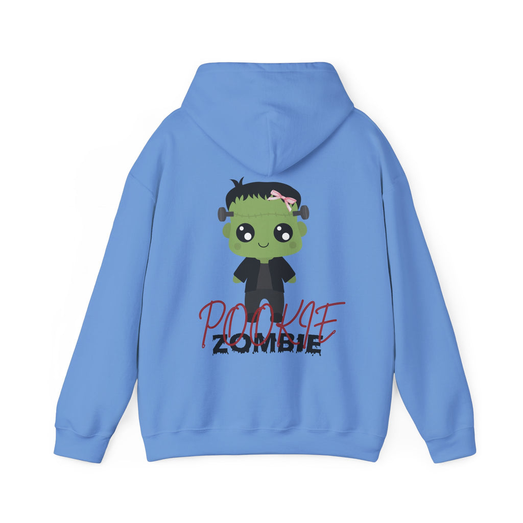 Carolina Blue hoodie with a cartoon zombie design on the back against a white background