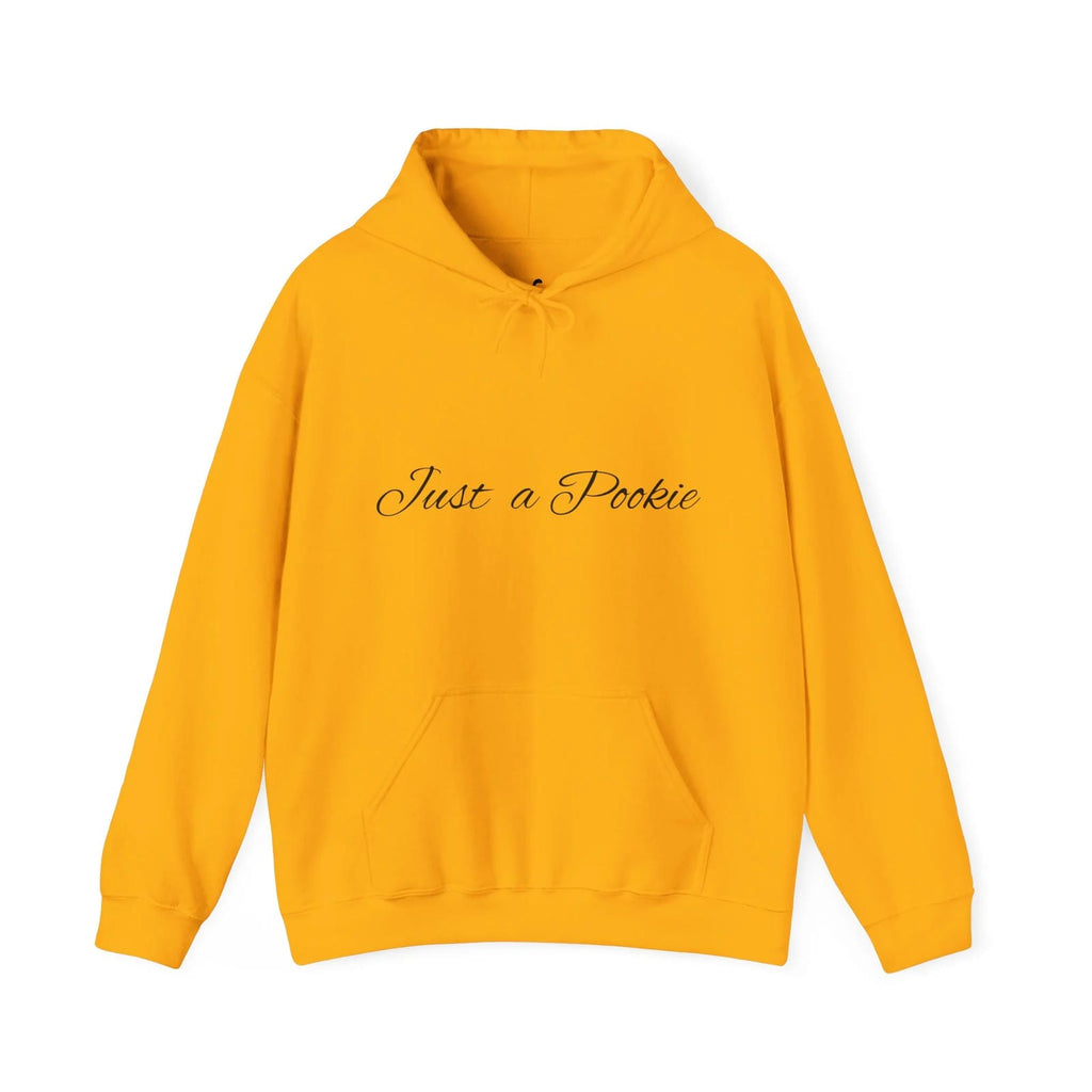 Gold hoodie with 'Just a Pookie' text on a white background