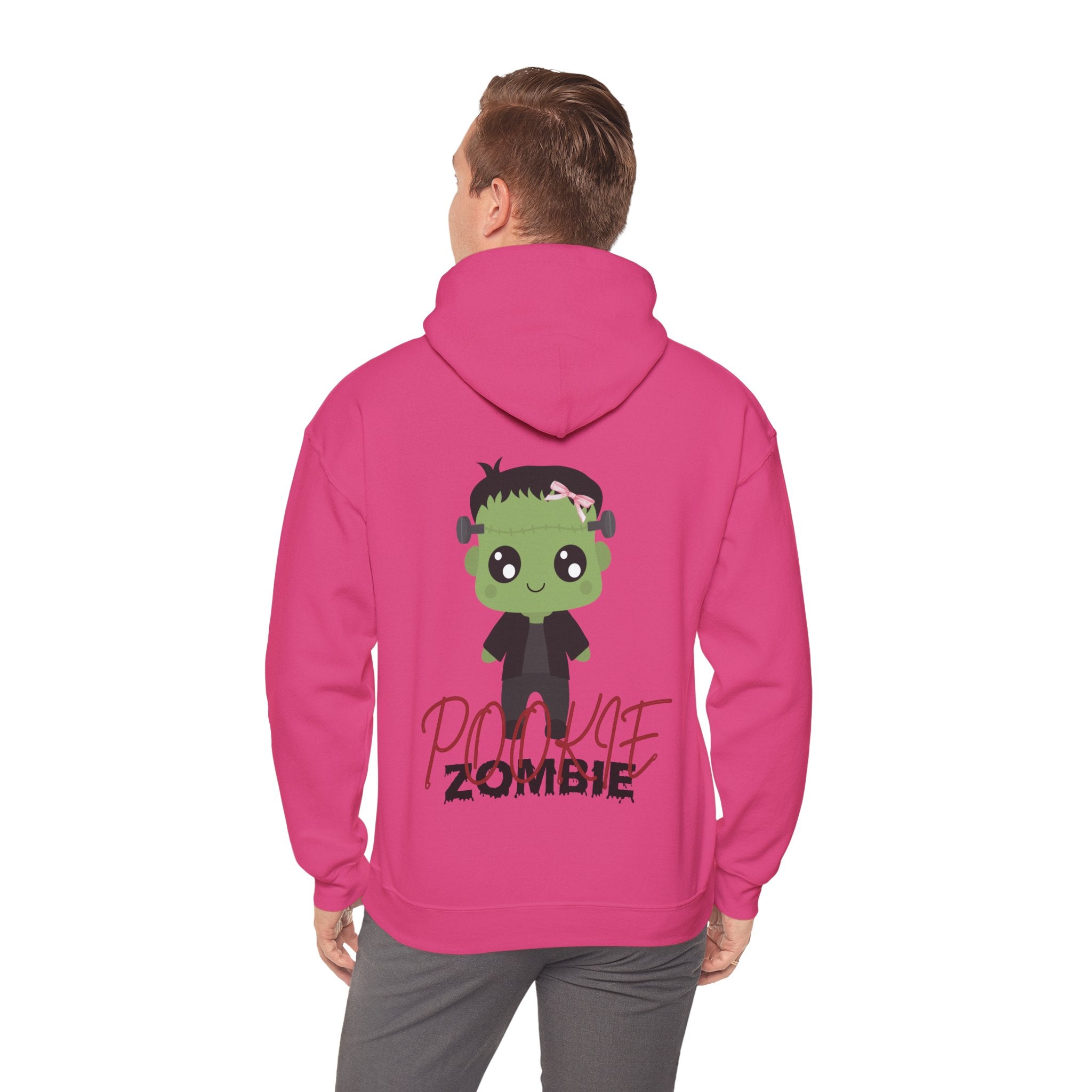 Person wearing a Heliconia hoodie with a cartoon zombie design on the back