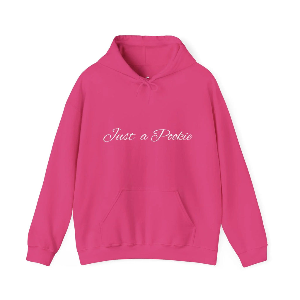 Heliconia hoodie with 'Just a Pookie' text on a white background