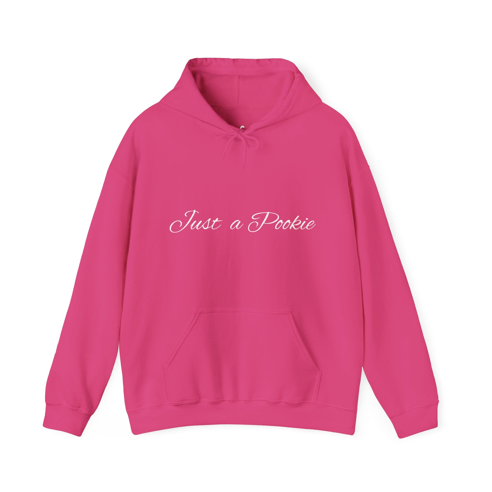 Heliconia hoodie with 'Just a Pookie' text on a white background
