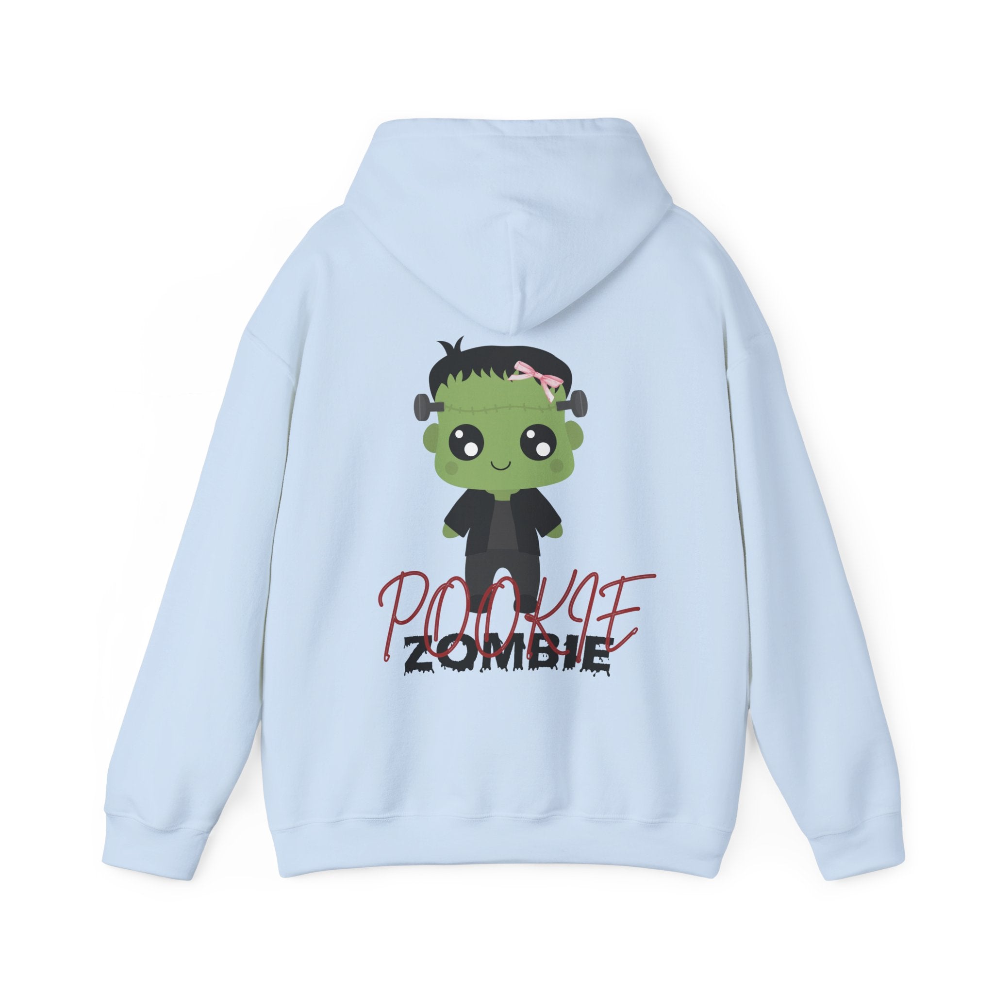 Light blue hoodie with a cartoon zombie design on the back against a white background