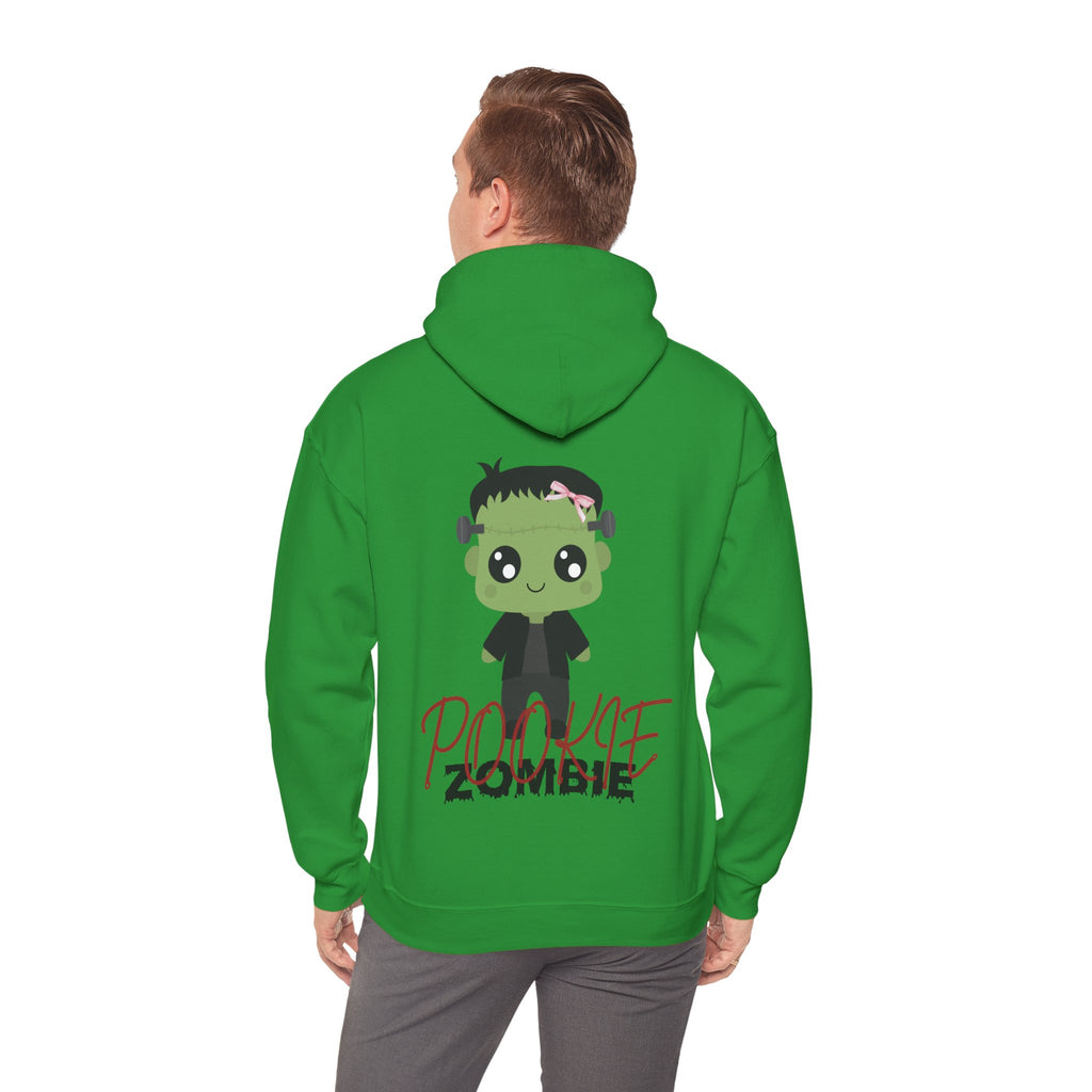 Person wearing a Irish green hoodie with a cartoon zombie design on the back