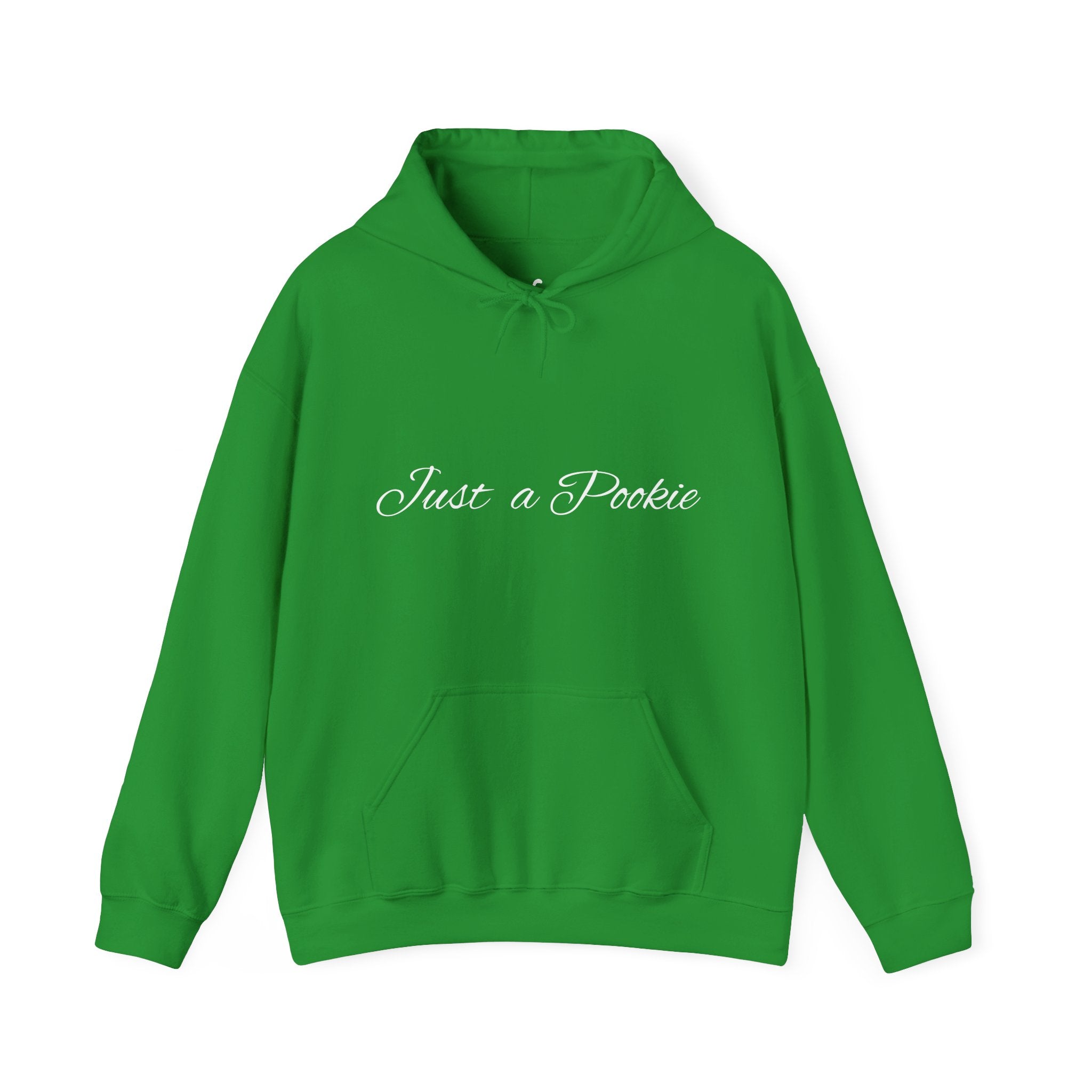 Irish Green hoodie with 'Just a Pookie' text on a white background