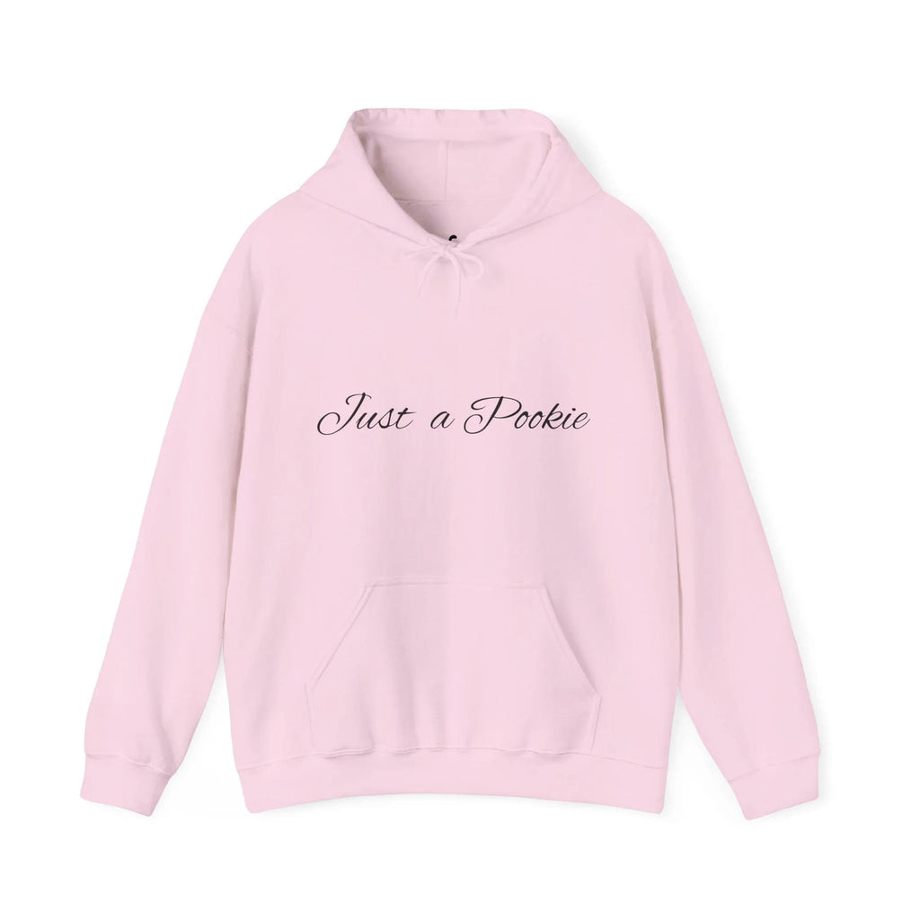 Light Pink hoodie with 'Just a Pookie' text on a white background