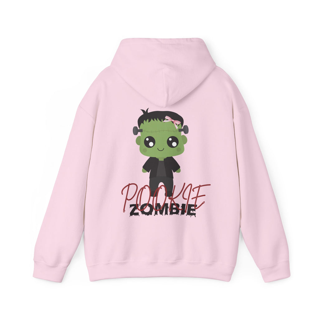 Light Pink hoodie with a cartoon zombie design on the back, on a white background
