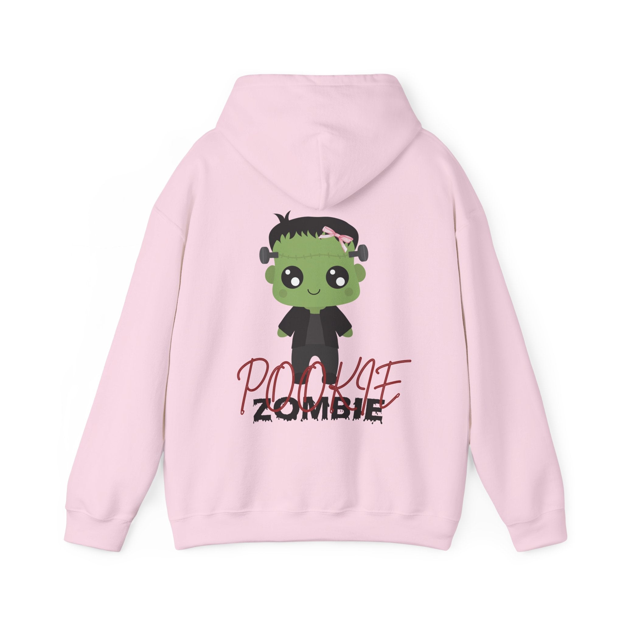 Light Pink hoodie with a cartoon zombie design on the back, on a white background