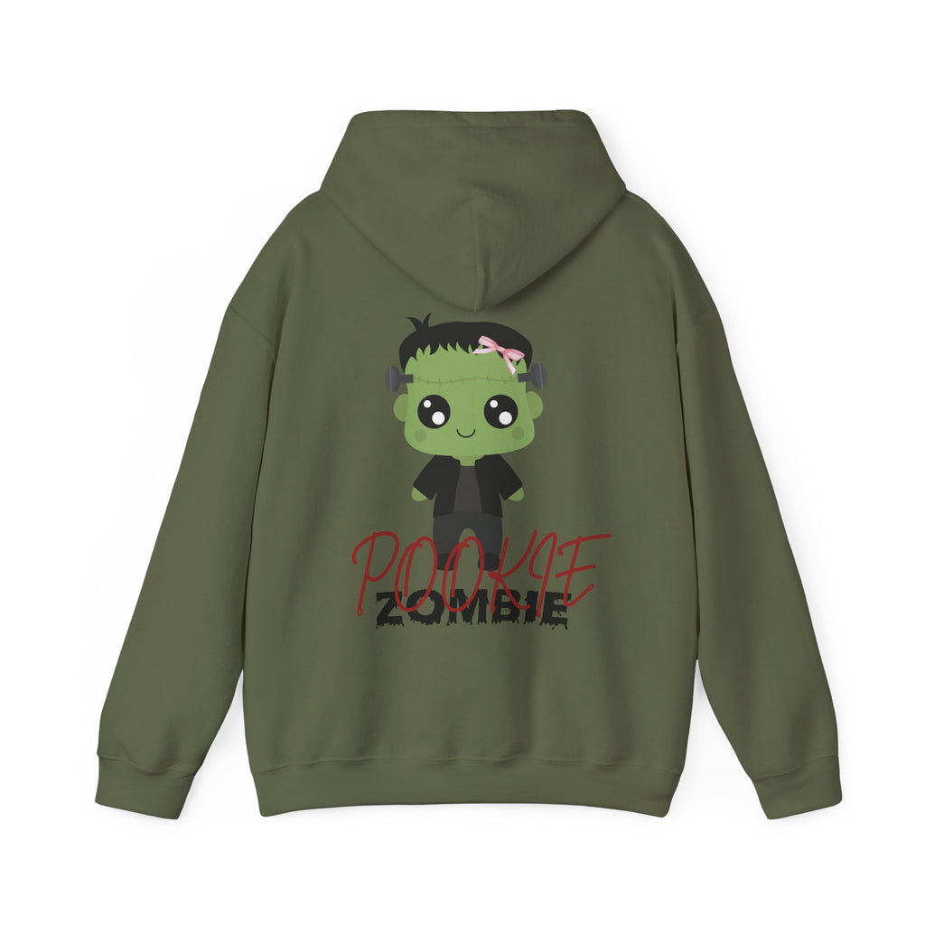 Military Green hoodie with a cartoon zombie design on the back against a white background